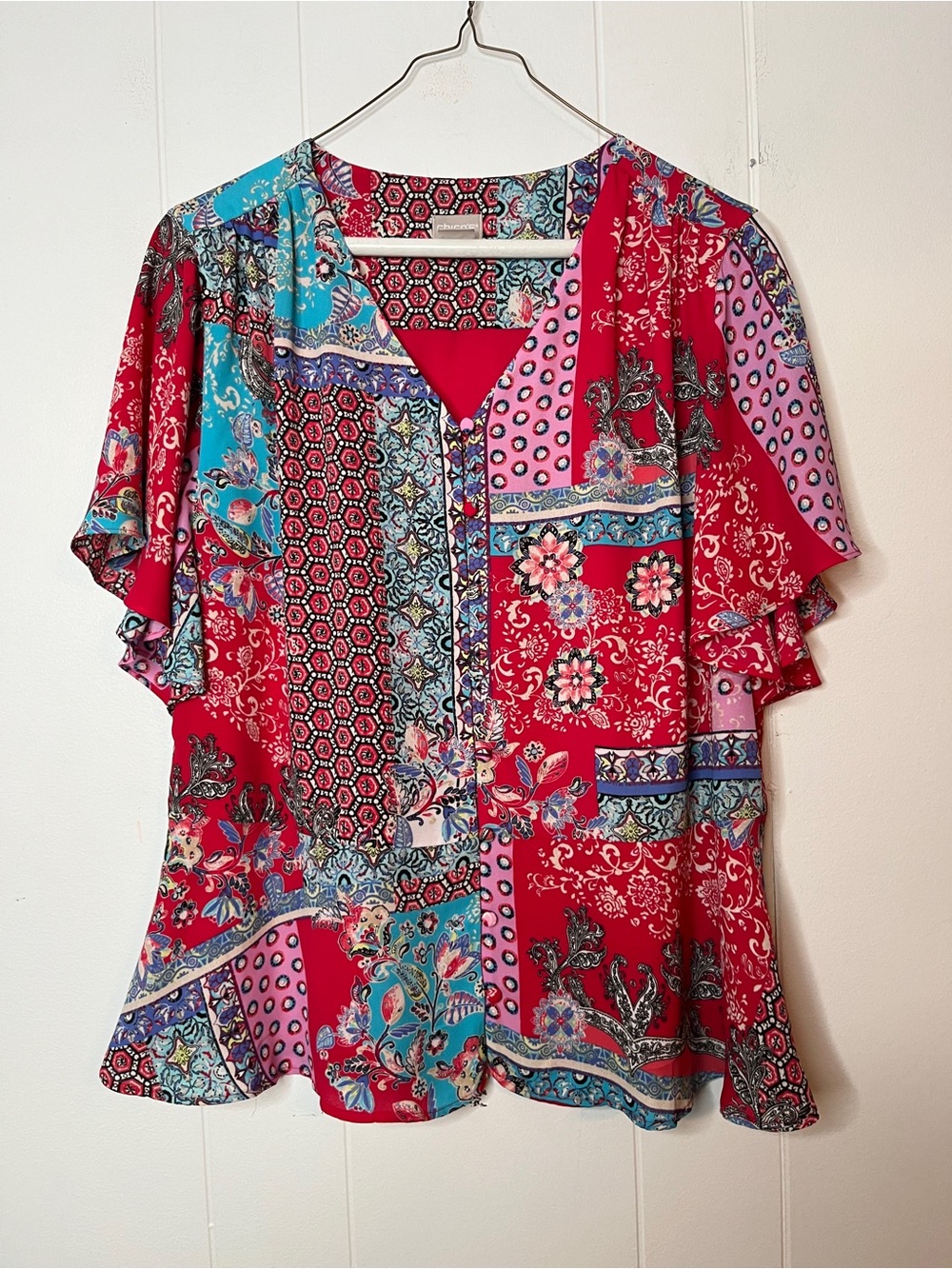 Chico's Vibrant Red Patchwork Print Flutter Sleeve Top Button Front Size 1 (8/10